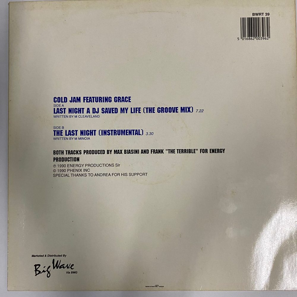 ColdJam Featuring Grace ' Last Night A DJ Saved My Life Vinyl