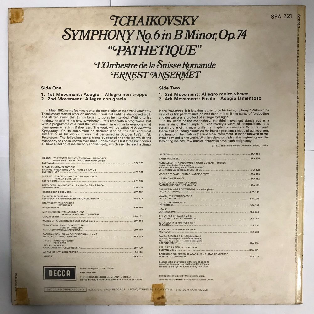 Tchaïkovsky, L'Orchestre De La Suisse Romande - Symphony No. 6 In B Minor, Op. 74 ("Pathetique") Vinyl